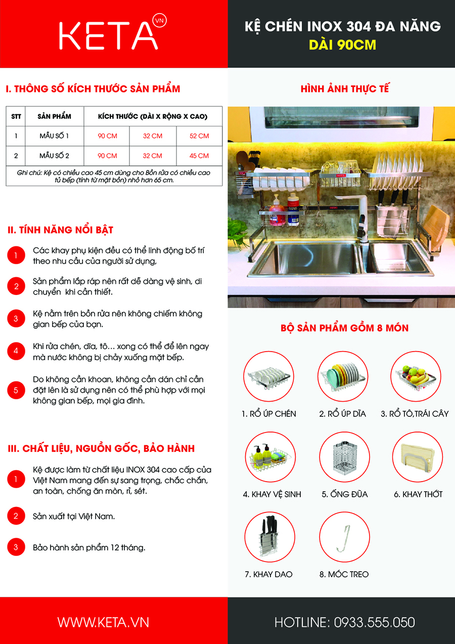 Brochure kệ chén inox 304 90cm KETA - hình ảnh chi tiết